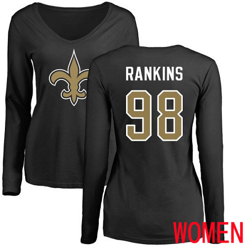 New Orleans Saints Black Women Sheldon Rankins Name and Number Logo Slim Fit NFL Football #98 Long Sleeve T Shirt